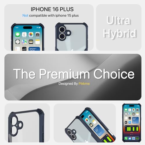 Image of Pikkme Crystal Clear Transparent Back | Ultra Hyrbid | Full Camera Protection | Raised Edge | Bumper Back Case for iPhone 16 Plus (Blue)
