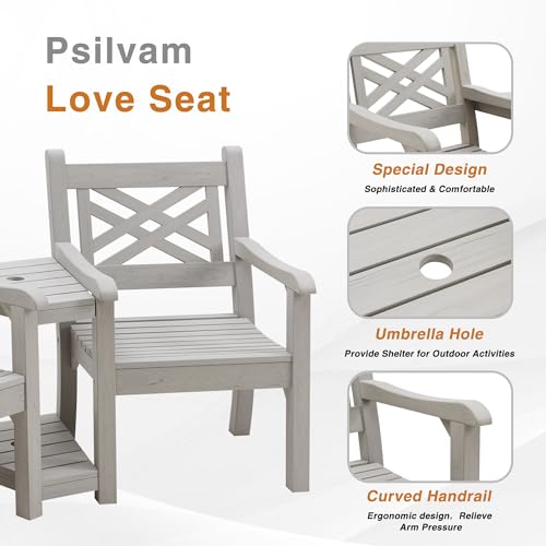 Image of Psilvam 2-Person Poly Lumber Conversation Bench with Middle Side Table,Gray