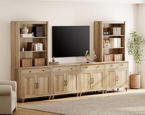 WAMPAT Entertainment Center with Bookshelves for TVs up to 75', Farmhouse Wall Unit TV Stand with 8 Doors & 4 Drawer, Media Console Table for Living Room, Bedroom & Home Theater, Oak