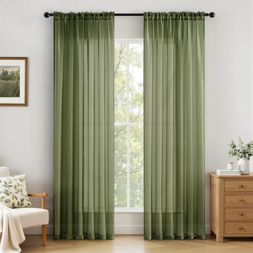 MIULEE Voile Vorhang Transparente Gardine aus Voile Einfarbig Stangendurchzug Transparent Wohnzimmer Luftig Dekoschal für Schlafzimmer 2er Set 225 x 140cm (H x B) Rod Pocket Matcha-Grün