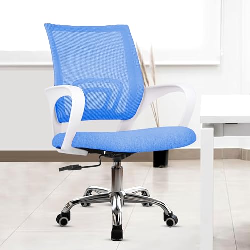 Image of Casa Copenhagen Mesh Mid Back Office /Study /Computer /Revolving /Desk Chair for Work from Home -Metal Base, Height Adjustable Seat - Blue & White Handle