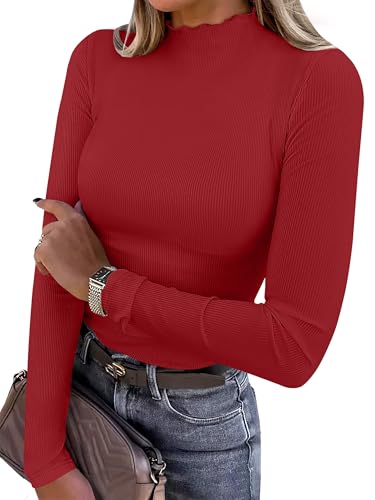 ANRABESS Long Sleeve Shirts for Women Mock Neck Tops,Red,XL