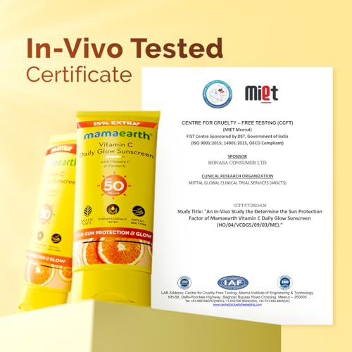 Image of Mamaearth Vitamin C Daily Glow Sunscreen with Vitamin C & Turmeric | For Sun Protection, Tan Protection & Glow | SPF 50 & PA++++ Protection | No White Cast | Lightweight & Non-Sticky | Brightens Skin | In-Vivo Tested | For All Skin Types | 34.5 g