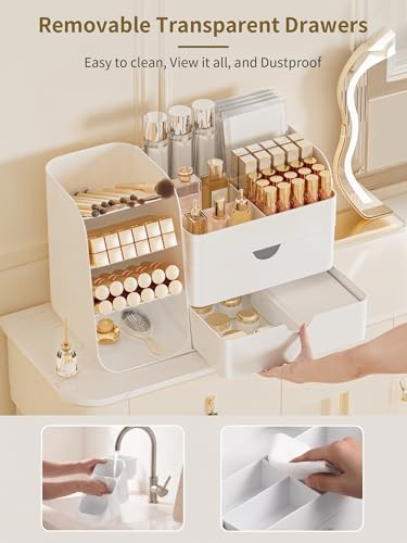 Image of Booklov Small Makeup Organizer for Vanity and Bathroom Countertop, White | Plastic Cosmetic Display Case with Drawers, Beauty Brush Holder for Dresser Counter, Storage Skin Care Eyeshadow Lipstick
