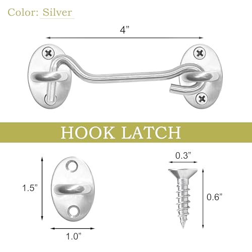 Quacc 4 Inch Hook and Eye Latch Stainless Steel Latche with Screws for Door, Windows, Cabinet Closet, Garage Gate, Fence (Silver) - Image 3