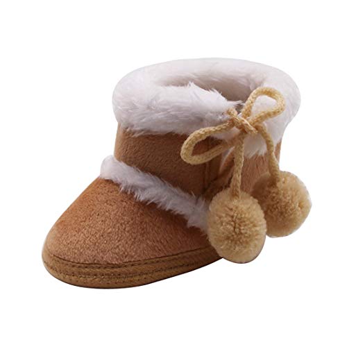 Infant Newborn Baby Girls Plus Velvet Warm Cotton Boots Winter Bandage Hairball Warm Booties (Khaki, Age:0~6 M)
