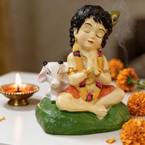 Image of Premium Bal Krishna Resin Idol for Car Dashboard, Home Temple & Office (7 x 6.5 x 4.5 cm) | Handcrafted Laddu Gopal Murti Showpiece for Vastu, Peace & Protection (Color: Natural)
