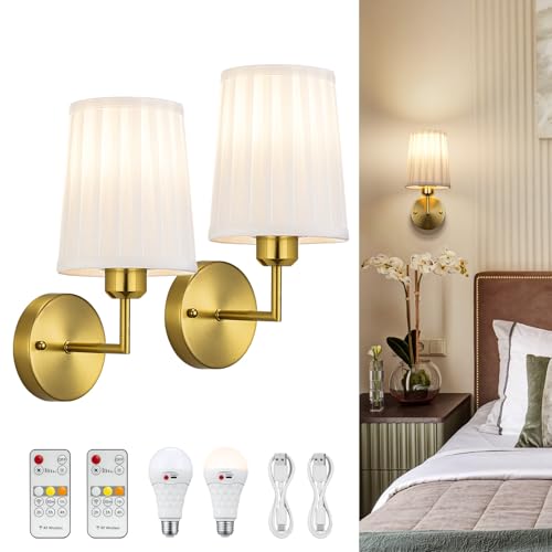 Image of Operated Wall Sconce Set of 2, 6500mAh Rechargeable Wall Sconces Operated Light Dimmable Powered Wall Lights with Black Gooseneck for Bedroom Living Room