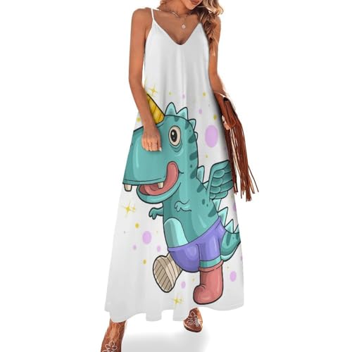 Robe Longue Femme Motif Dinosaure Licorne Coupe Maxi Fluide