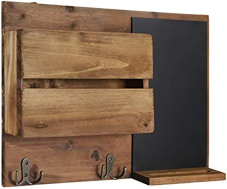 Flexzion Rustic Wood Entryway Mail Sorter Holder, Wall Mount Mudroom Storage Organizer with Blackboard Chalkboard Memo Board Message Sign & Key Hook Rack/f Front Door Furniture Accessory Home Office