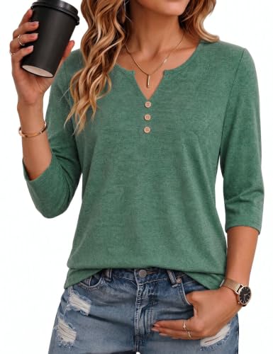 Image of Crewhpo 3/4 Length Sleeve T Shirts for Women UK Loose Fit Casual Basic Tops