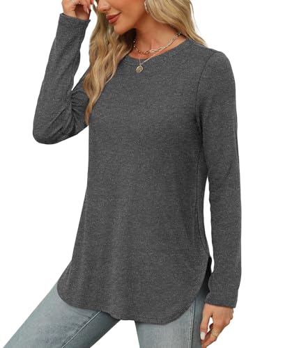 Image of XIEERDUO Womens Long Sleeve Round Neck Shirts Side Split Basic Loose Tunic Tops Casual 2026