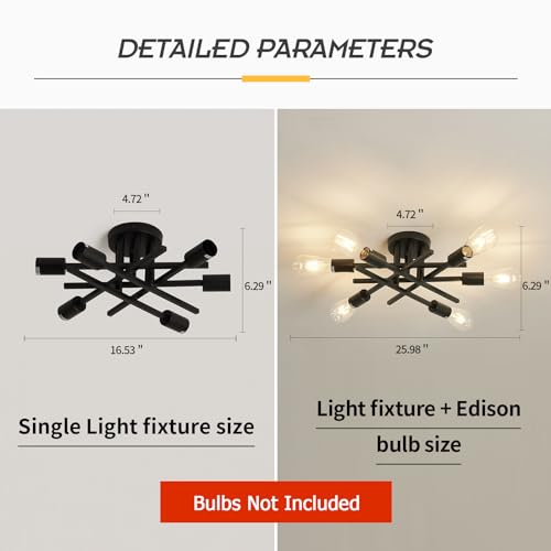 Image of ASGYISA 6-Lights Semi Flush Mount Ceiling Light Fixture 2-Pack Black Vintage Matte Sputnik Chandelier Ceiling Lamp for Farmhouse Dining Room Living Room Bedroom Kitchen Entryway