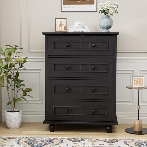 Image of 4 Drawer Dresser for Bedroom, 35'' Tall Storage Chest of Drawers, Black | Farmhouse Dresser for Closet, Wood Storage Cabinet, Vintage Roman Column Legs, Painted Finish, Easy Assembly, Heavy Duty