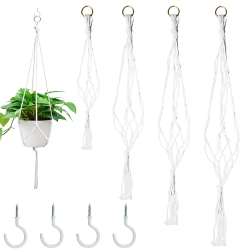 4er Set Blumenampel Makramee,Hängeampel Pflanzen mit 4PCS Metallhaken,Blumenampel Innen,Pflanzenampel Hängend,Hängeampel Innen,Pflanzenhänger für Garten,Wohnzimmer,Außen,Balkone Wanddekoration