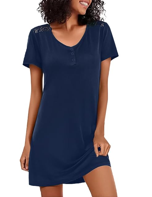 Jahetuul Nachthemd Damen weich Baumwolle Nachthemden für Damen Kurzarm Nachthemden Schlafshirt Nachtwäsche Sommer Negligee Spitze Ärmel Nachtkleid