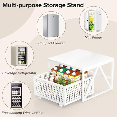 Image of 65513 Mini Fridge Stand with Storage, Heavy Duty Utility Cart with Drawer Basket,Night Table, Kitchen Trolley Mobile Fridge Stand with Swivel Wheels for Dorm,Office,Home,White