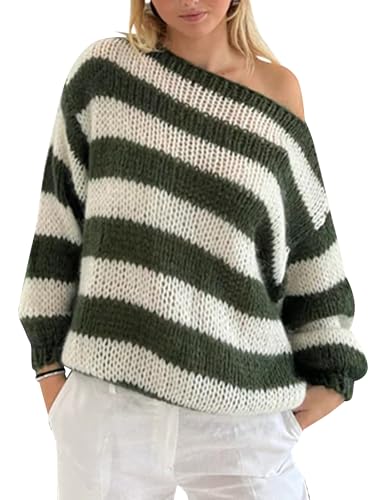 Image of Cioatin Women Long Sleeve Lightweight Striped Colorblock Knit Sweater Pullover Oversized Sheer Off Shoulder Shirt Tops Green