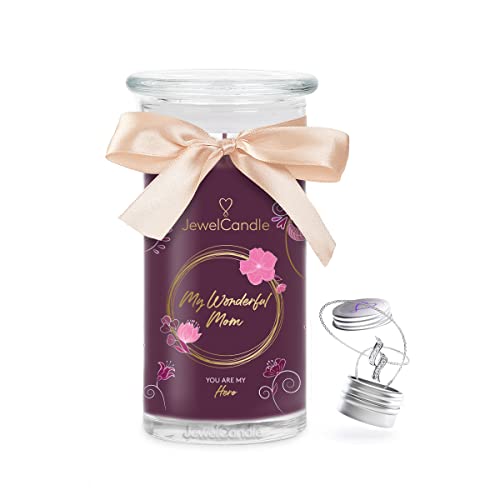 JewelCandle My Wonderful Mom Collier en or - Grande bougie parfumée avec parfum floral - Rouge foncé et violet avec bijoux surprise Cover