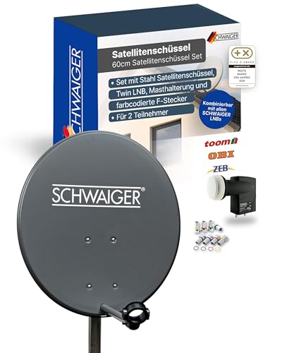 SCHWAIGER Satellitenschüssel Komplettset - Ø 60 cm Stahl Offset Antenne in Anthrazit - Inkl. sonnengeschütztes Twin LNB - Digital HD & 4K Empfang - Hitzebeständig & wetterfest