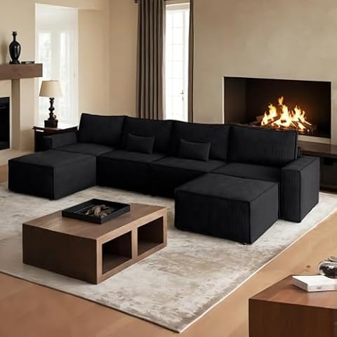 HOOOWOOO Modular Sectional Sofa Couch,U L Shaped Free Combination Couch Chairs,Cloud Couch with Ottomans Chaise 6 Pieces Set for Living Room(Black Corduroy) Cover