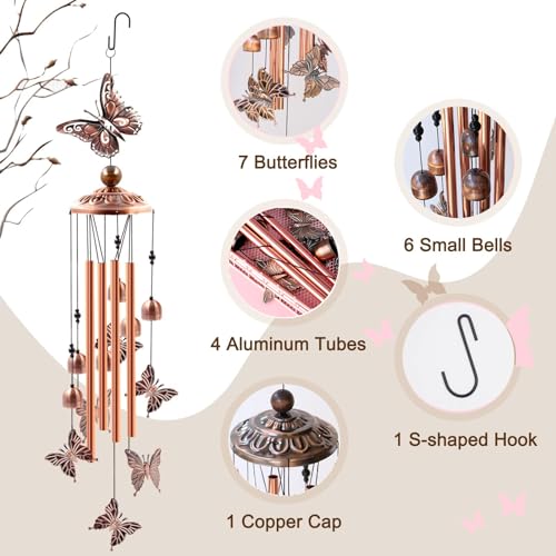 zalati Wind Chime Butterflies Pattern Wind Chimes Hollow 4 Aluminum Tube Wind Bells with S Hanging Hook for Patio Garden Hallway Indoor and Outdoor Decor - Image 3