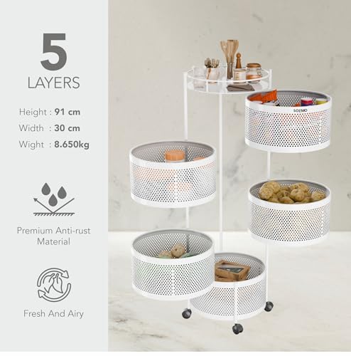 Image of Amazon Brand - Solimo 360 Revolving Preassembled Portable 5 Layer Round Multipurpose Storage Kitchen Rack Carbon Steel Fruit Vegetable & Spice Trolley with Wheels for Kitchen Organizer(Matte, White)