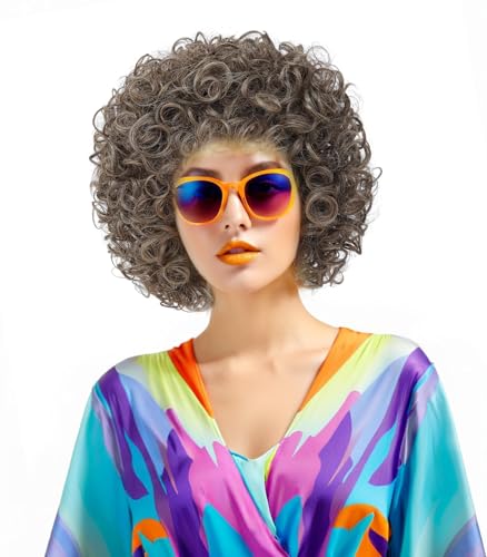 Image of Women's Short Afro Wig, 70s Disco Fluffy Synthetic Wig, Small Curly Afro Wig for Halloween, Cosplay and 80s Theme Party.(Light Brown)
