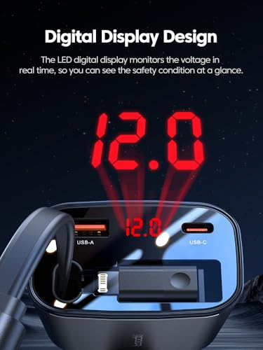 Image of INICIO Retractable Car Charger, 105W 4 in 1 with 80cm PD 45W Type-C Cable, 30W USB C Port & 27W iPhone Fast Charging Car Adapter for iPhone 16 15 14 13 Galaxy S24 Ultra iPad Pro Pixel 9 8 etc