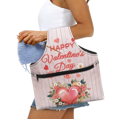 Image of KUIFORTI Heart Romantic Yarn Bag Crochet Tote Bag Wood Print Yarn Storage Organizer Travel Wrist Tote for Crocheting Lightweight for Knitting Accessories