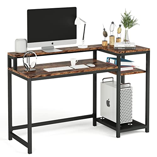 Tribesigns Mesa de Ordenador, Escritorio de Computadora con Estantería & Soporte de Monitor, Industrial Mesa de Estudio para Oficina, Dormitorio (Marrón Vintage) Cover