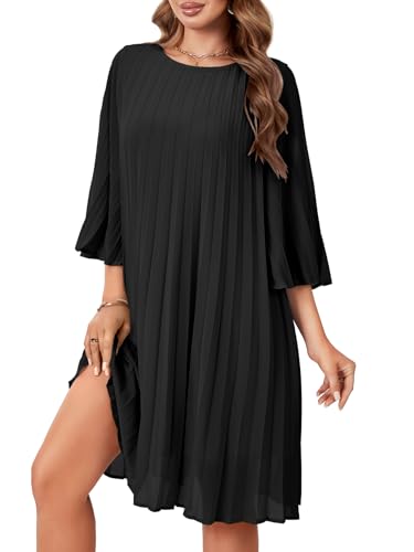 Rooscier Women's 3/4 Sleeve Pleated Crew Neck Keyhole Back Flowy Loose Fit Midi Dress3