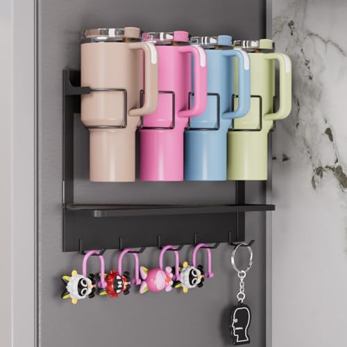 Ysglory Magnetic Cup Holder Heavy Duty Stanley 30/40 oz Tumbler Organiser Rack with Strong Magnetic Support Holds 4 Cups on Refrigerator (Black)