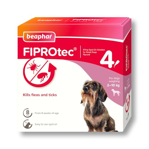 Beaphar - FIPROtec Spot-On Flea & Tick Treatment for Small Dogs 2-10kg - 4 Pipettes - Kills Fleas & Ticks – Veterinary Medicine - Easy to Apply Monthly - Suitable for Dogs & Puppies from 8 Weeks