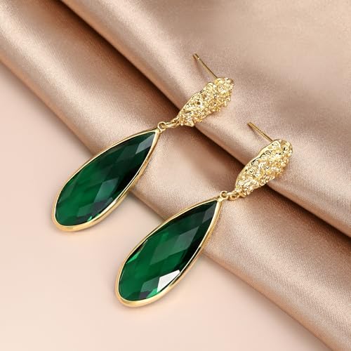 Long Green Crystal Teardrop Drop Dangle Earrings Vintage 14K Gold Plated Emerald Earrings for Women Sparkle Crystal Jewelry for Wedding Party Formal Prom - 1.8 in4