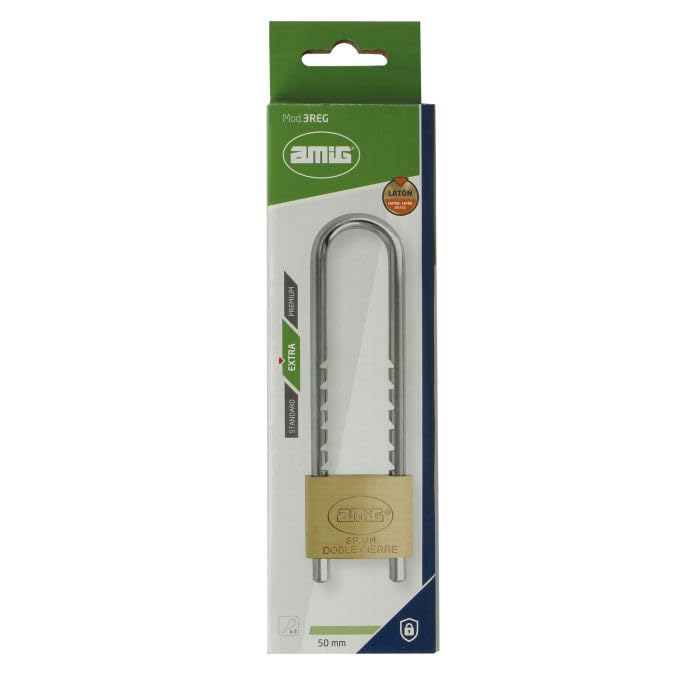 Amig - Candado de seguridad - Arco extra largo - Regulable: de 63 a 150 mm - Ancho: 50 mm - Cuerpo de Latón y Arco de Acero tratado - Doble cierre - Incluye 2 llaves