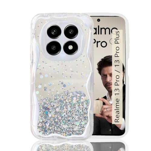 Image of KC Back Cover for Realme 13 Pro /Realme 13 Pro Plus 5G - Curly Wave Dry Fixed Glitter Shockproof Bumper Soft Silicone Case with Camera Protection (Transparent)