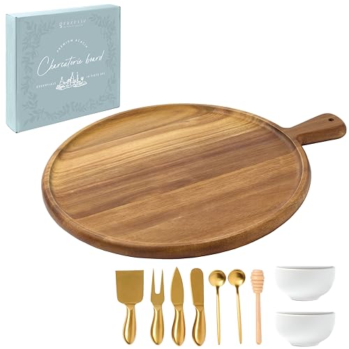 Grazerie Charcuterie Board Gift Set - Acacia Round Serving Tray with Handle and Complete Knife Set with Bowls for Entertaining - 10 Piece Set for House Warming Wedding Gift