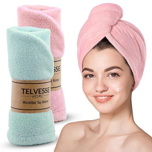 Mikrofiber Saç Havlusu Süper Emici Hızlı Kuruyan Türban Saç Havlusu Şapkası – Uzun Kıvırcık Kalın Saçlar için Duş Saç Kurutma Havlusu, Plaj Havuz Banyo Kullanım (2'li Pembe + Turkuaz)