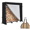 LOENIY 4ft Firewood Rack Outdoor with Waterproof Widened Cover, Heavy Duty Firewood Holder includes Hooks, Powder-coated Wood Rack with Carrier Bag, Firewood Storage Rack for Fireplace Deck Patio