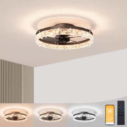 VOLISUN Modern Ceiling Fans with Lights and Remote, 19.7in Low Profile Ceiling Fan Flush Mount, 3000K-6500K Dimmable Bladeless LED Fan Light, Brown Fandelier Ceiling Fans with Lights for Bedroom