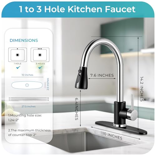 Image of Black & Chrome Kitchen Faucet with Pull Down Sprayer and Deck Plate | SUS 304 Stainless Steel, Single Handle, 3 Spray Modes, 360 Swivel Spout, RV Laundry Bar Sink, Deck Plate, NSF372 NSF61 cUPC