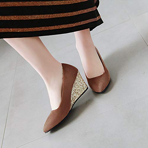 MIOKE Women's Pointed Toe Wedge High Heel Pumps Suede Sequins Slip On Comfort Chunky Dress Wedding Shoes4