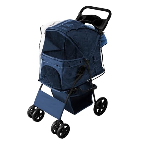 Passeggino Per Animali Con Borsa Organizer Removibile Blu Navy Pieghevole 15Kg, Ruote, Freni, Gancio Di Sicurezza, Capote, Finestre A Rete, Cestino, Portabicchieri, Tasche E Copertura Impermeabile - 7