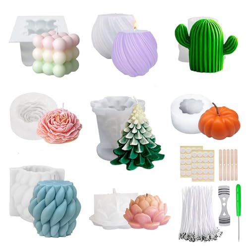 Vomkela 8 Stück Kerzenform Bubble Kerzen Kit, 3D DIY Silikonform Kerzen Gießen Formen Silikon mit 50 Kerzendocht Set, Kerzenformen zum Gießen für DIY Aromatherapie Kerzen,Heimdekorationen