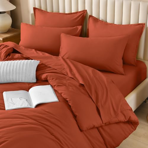 Image of Litanika Burnt Orange Comforter King Size Set - 7 Pieces Terracotta Bed in a Bag King Bedding Comforter Sets, Plain Lightweight Bed Set with Comforter, Sheets, Pillowcases & Shams