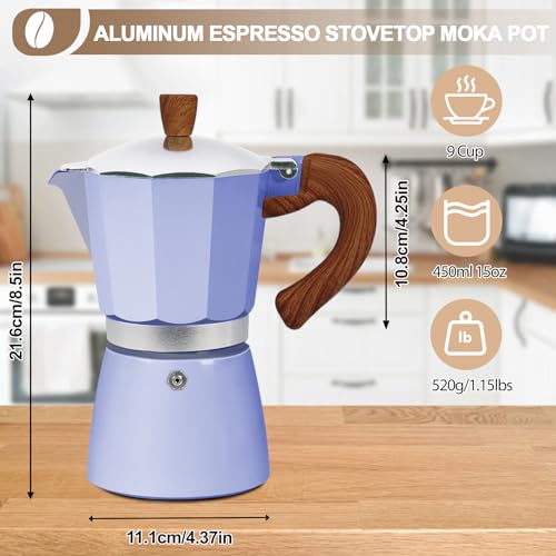 Image of Aluminum 9 Cup 450ml Moka Pot Express Coffee Maker Stovetop Espresso Colorful Coffeemaker Italian Classic Style Brewing Greca Cafe Mocha Machine for Cafeteras Lover Camping Travel and Home Use 15oz