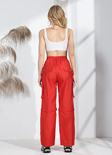 Women Casual Wide Leg Cargo Pants Convertible Zip Off Baggy Low Waist Sweatpants Cinch Joggers Hiking Trousers Red M #TOP6