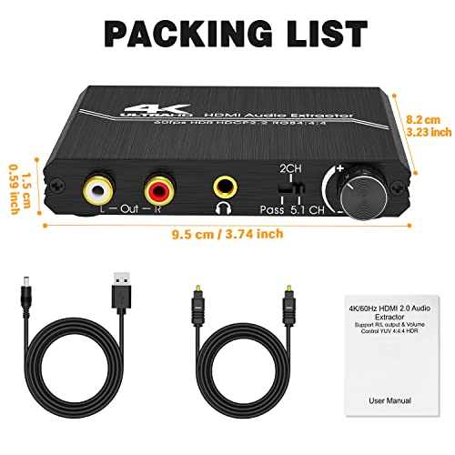 Extractor audio HDMI 2.0 Tendak 4K a óptico Spdif Toslink y RCA con control de volumen 7