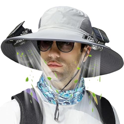 Solar Panel Powered Fan Built in Wide Brim Outdoor Fishing Hat USB Charging Men Ultralight Bucket Sun Shade Cap Yard Garden Farmer Work Travel Landscaping Sunshade River Boat Jungle Bush Aussie UPF